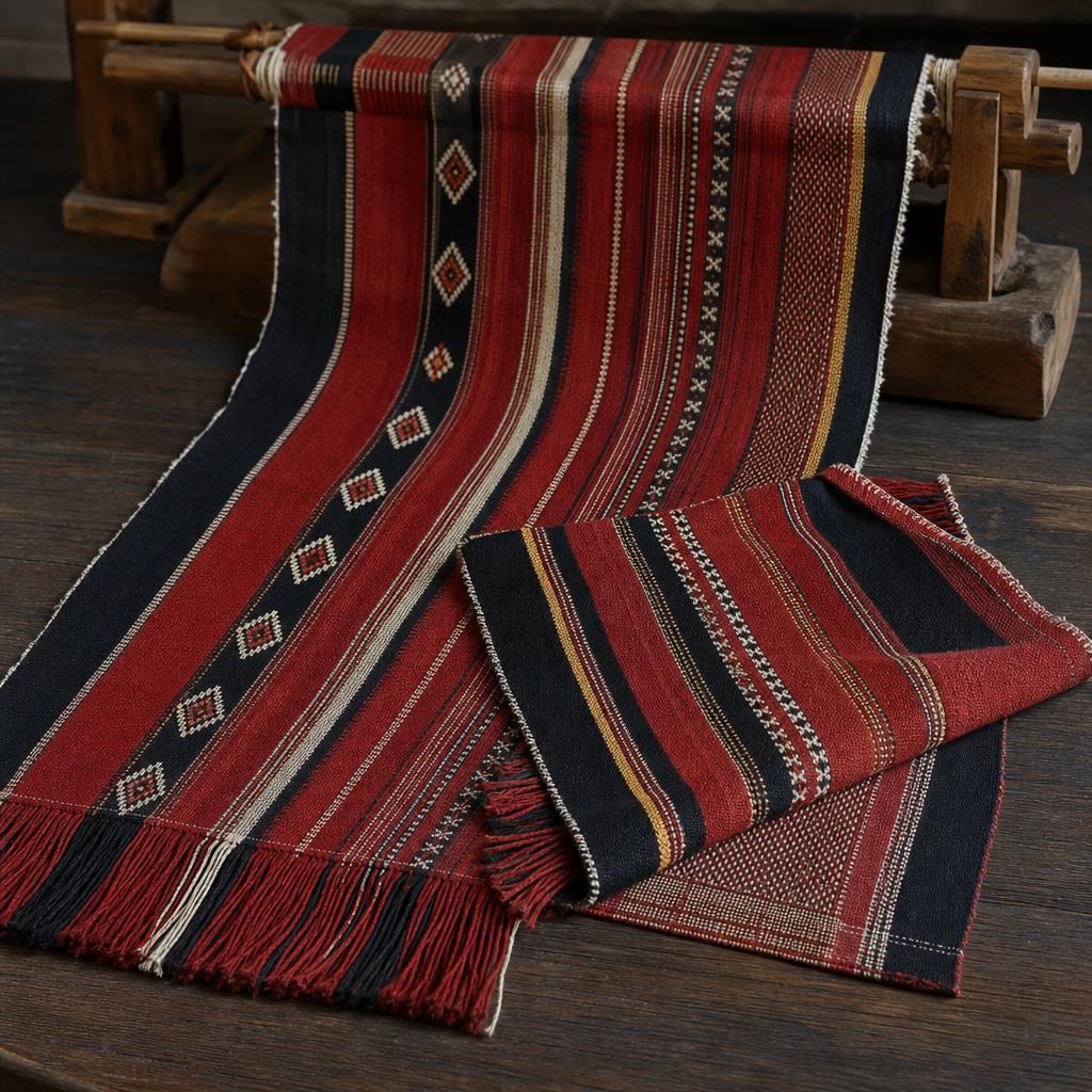 Original editorial illustration of red, black and white handwoven textiles inspired by the diverse weaving traditions of Nagaland