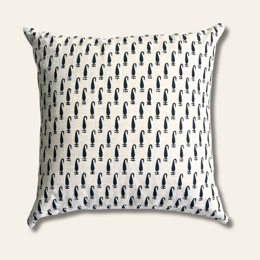 Natural linen pillow cover with a charcoal paisley block print