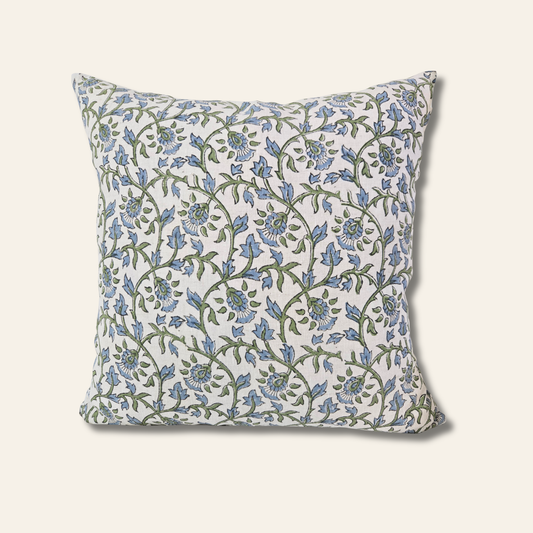 Hand block printed floral linen pillow cover in soft hues