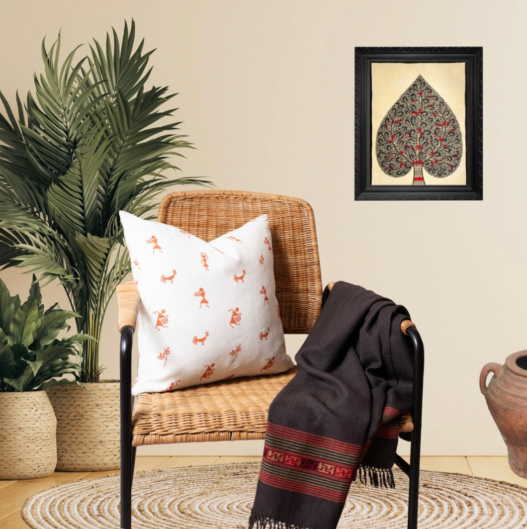 Warli - Hand Printed Linen Pillow Cover (Terracotta)