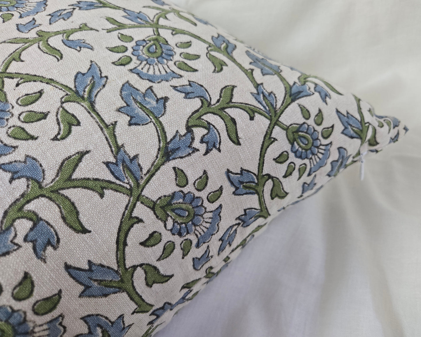 Rupam - Hand Block Printed Linen Pillow Cover (Blue, Green)