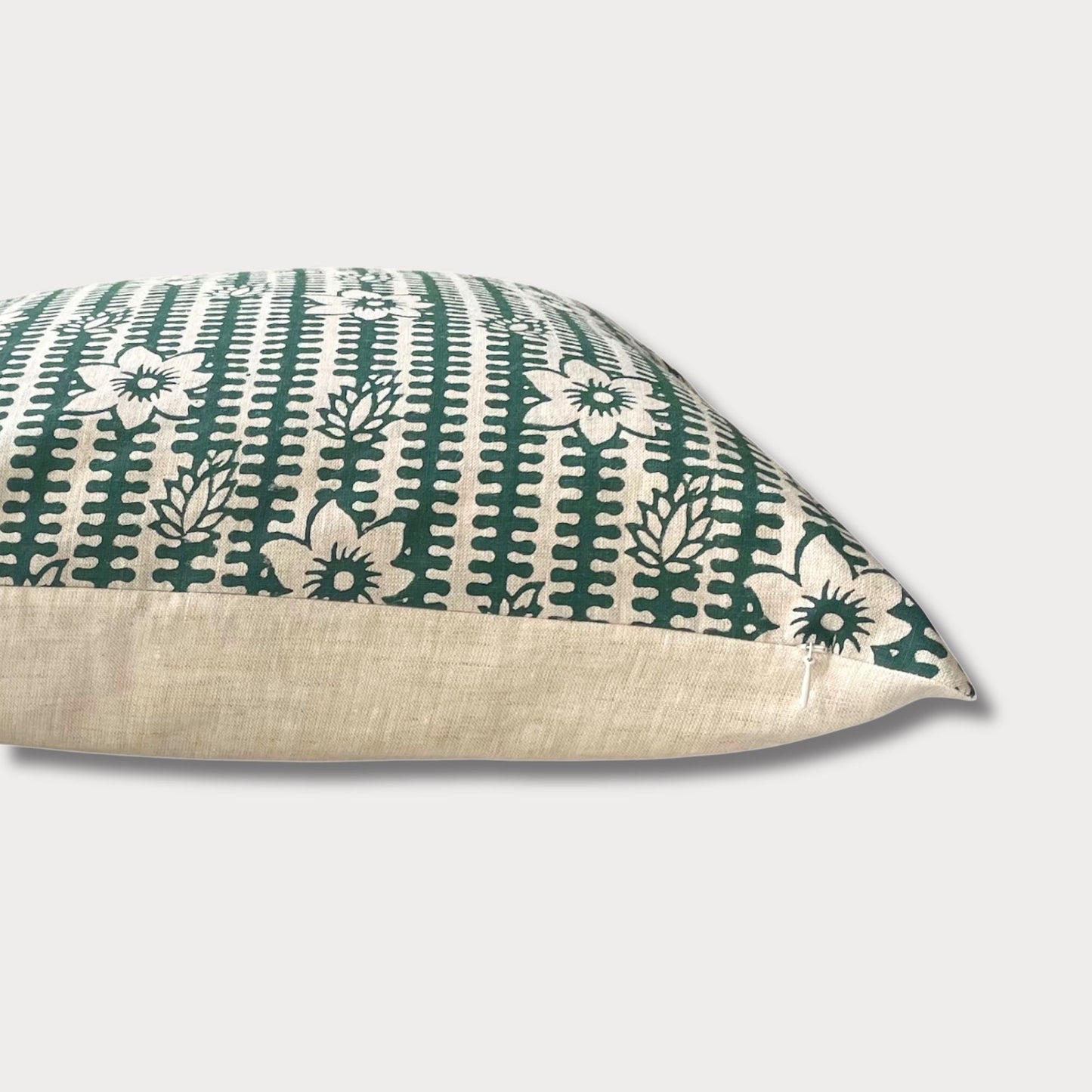 Bela - Hand Block Printed Linen Pillow Cover (Dark Green)