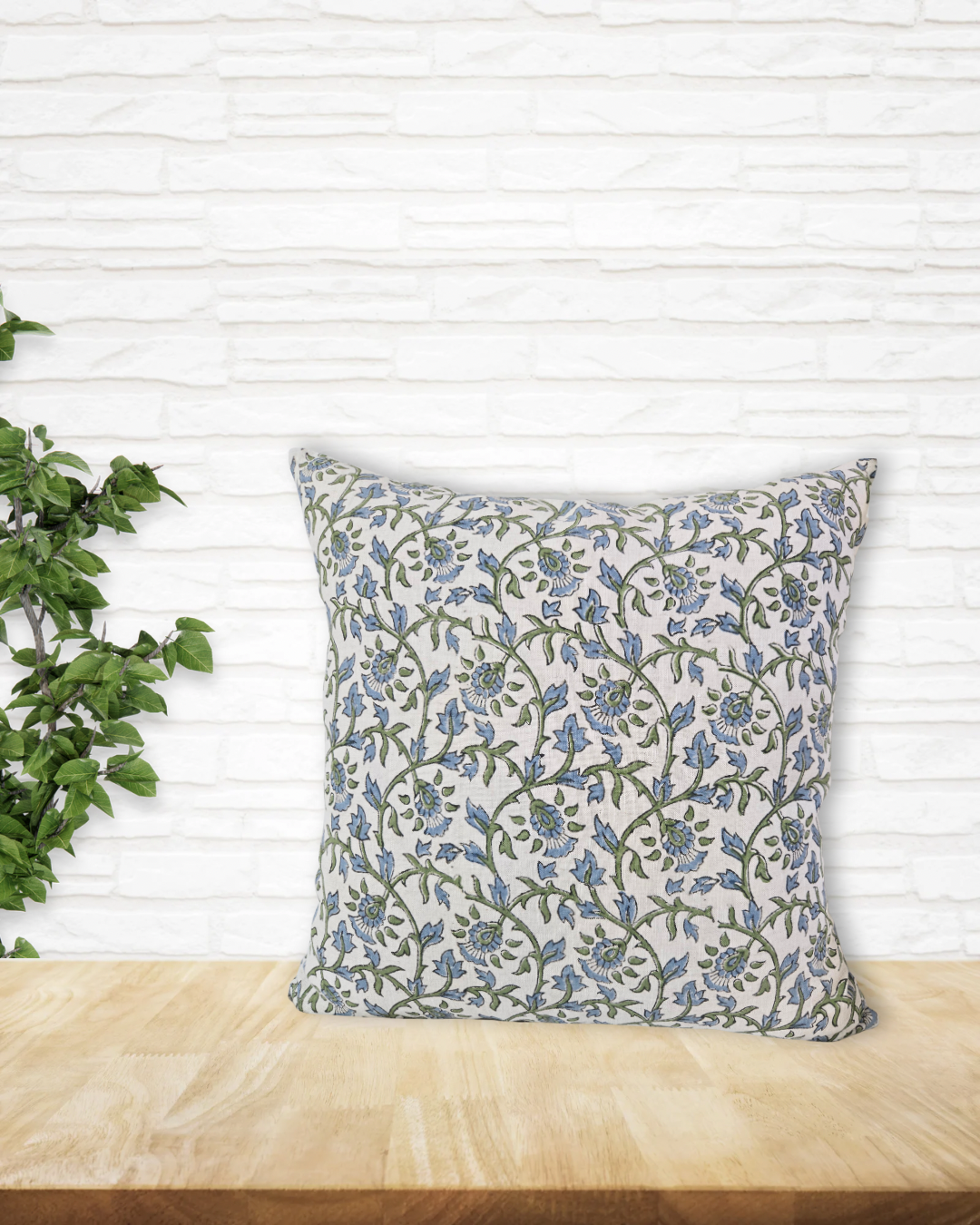 Rupam - Hand Block Printed Linen Pillow Cover (Blue, Green)