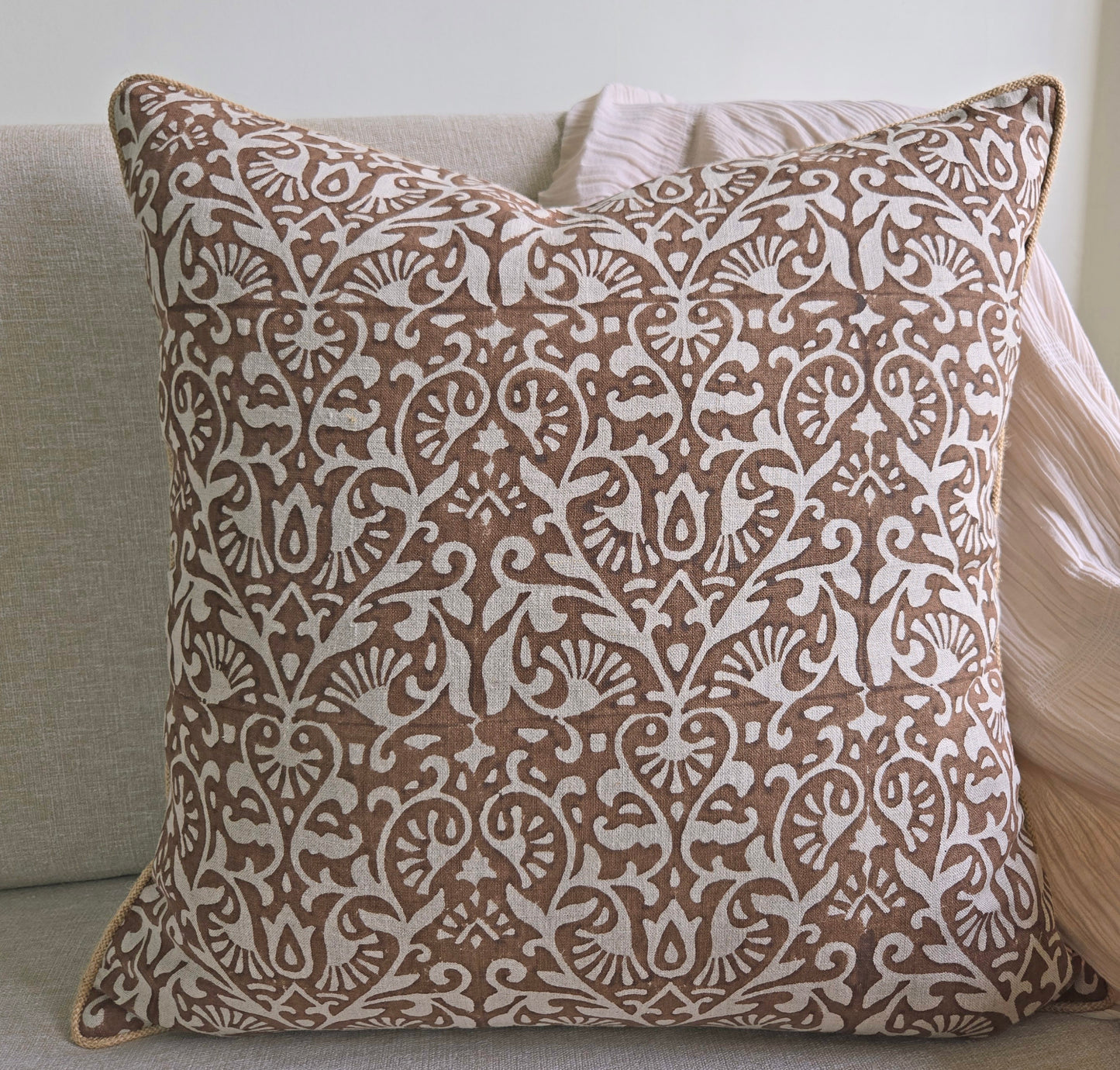 Bhumi - Hand Block Printed Linen Pillow Cover (Earthy Brown, Beige)