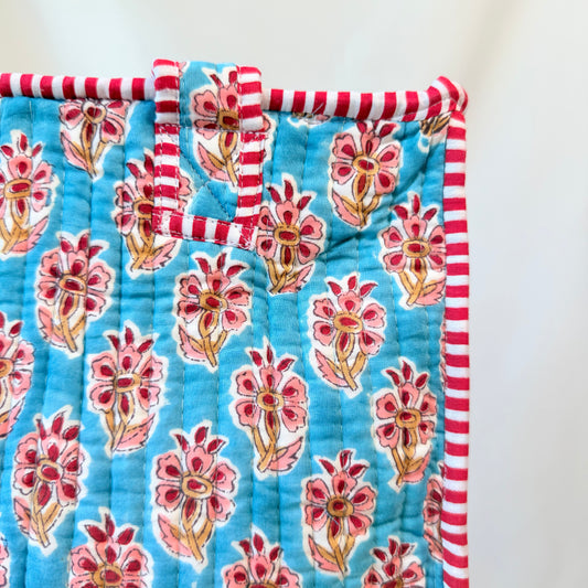 Sky blue and pink floral print quilted cotton mini tote