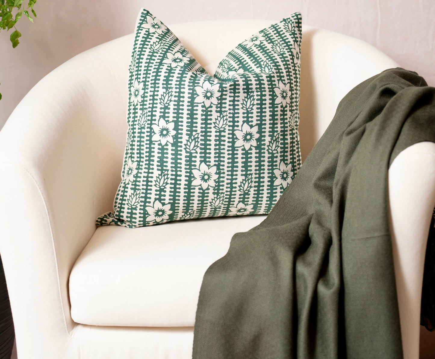 Bela - Hand Block Printed Linen Pillow Cover (Dark Green)