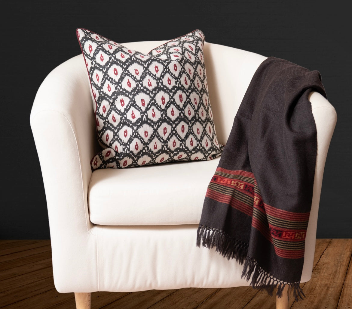 Ikat - Hand Block Printed Linen Pillow Cover (Peat, Deep Red)