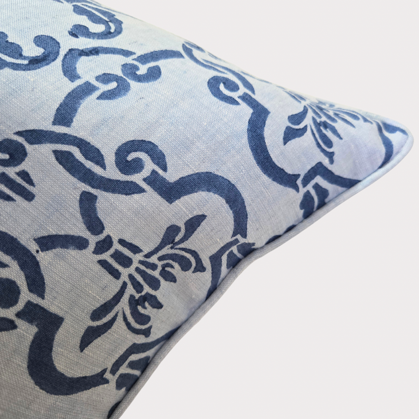 Iris - Hand Block Printed Linen Pillow Cover (Blue)