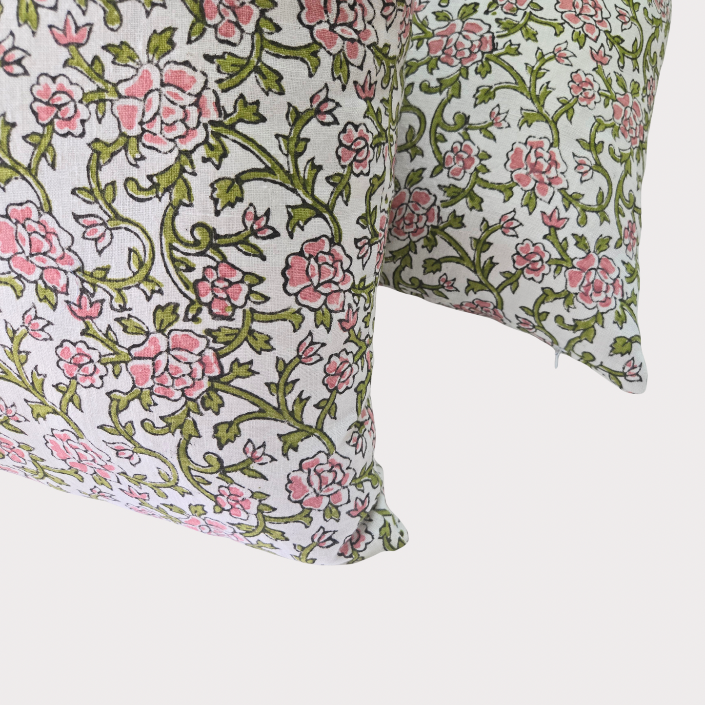 Gulaab - Hand Block Printed Linen Pillow Cover (Pink, Green)