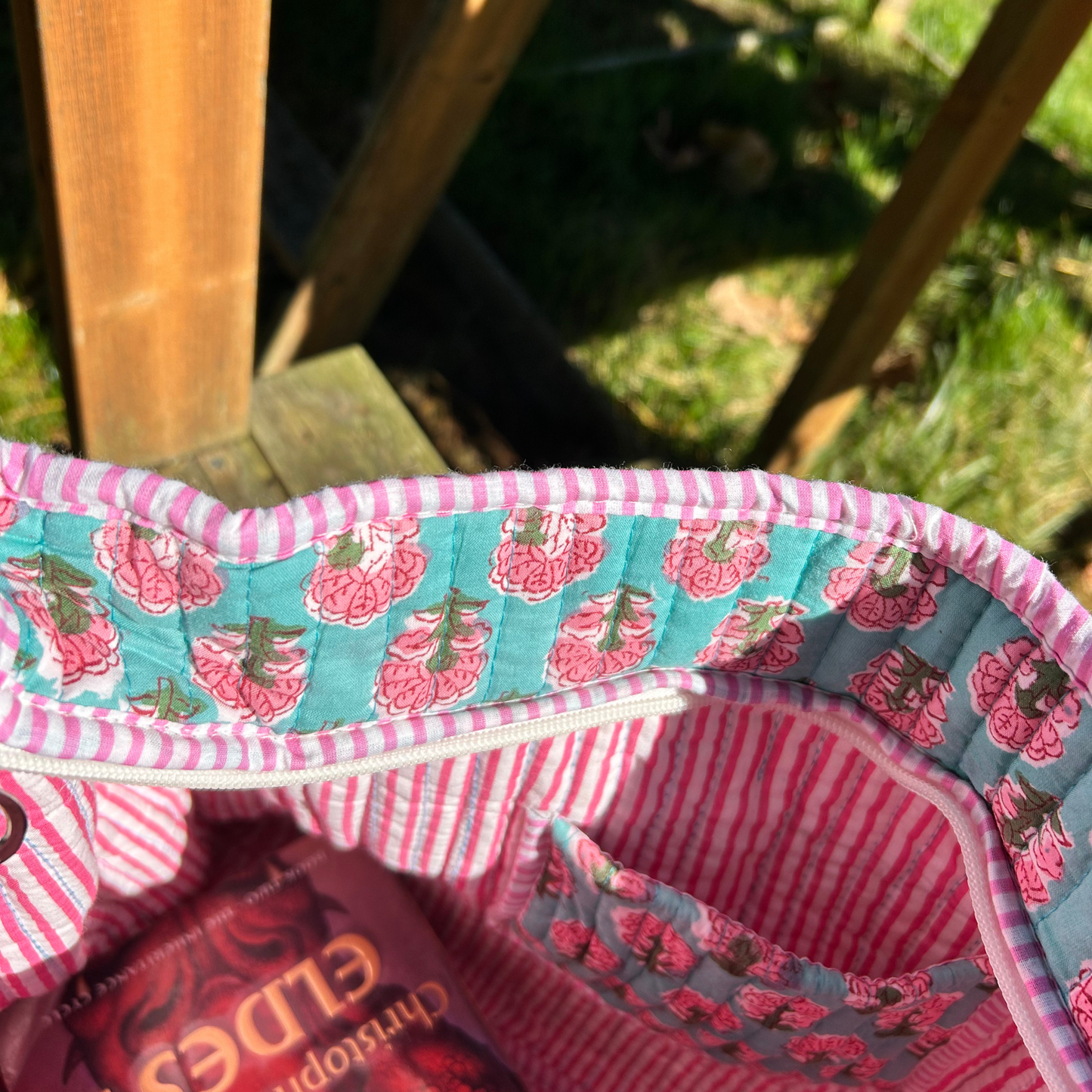 Hand Block Printed Quilted Cotton Tote - Pink Celosia