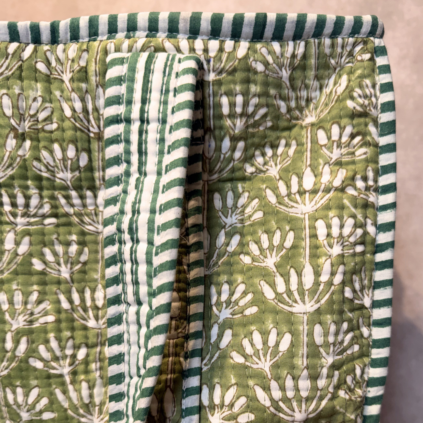 Hand Block Printed Quilted Cotton Tote - Green Buds