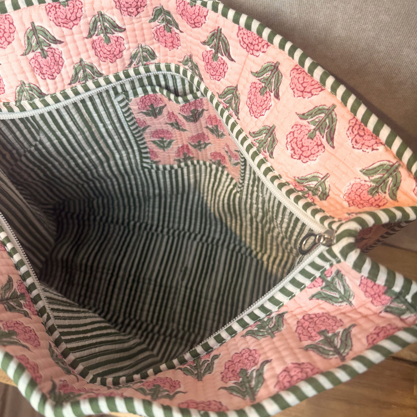 Hand Block Printed Quilted Cotton Tote - Pink Bloom