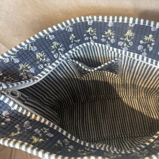 Quilted cotton tote bag with floral block print design