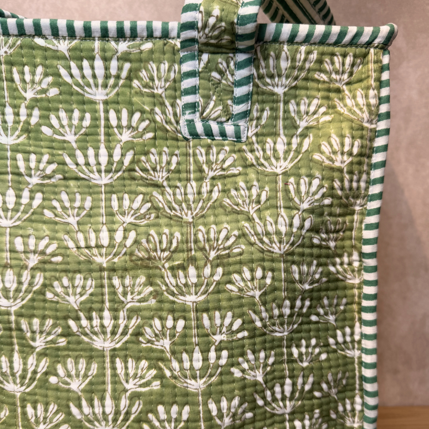 Hand Block Printed Quilted Cotton Mini Tote - Green Buds