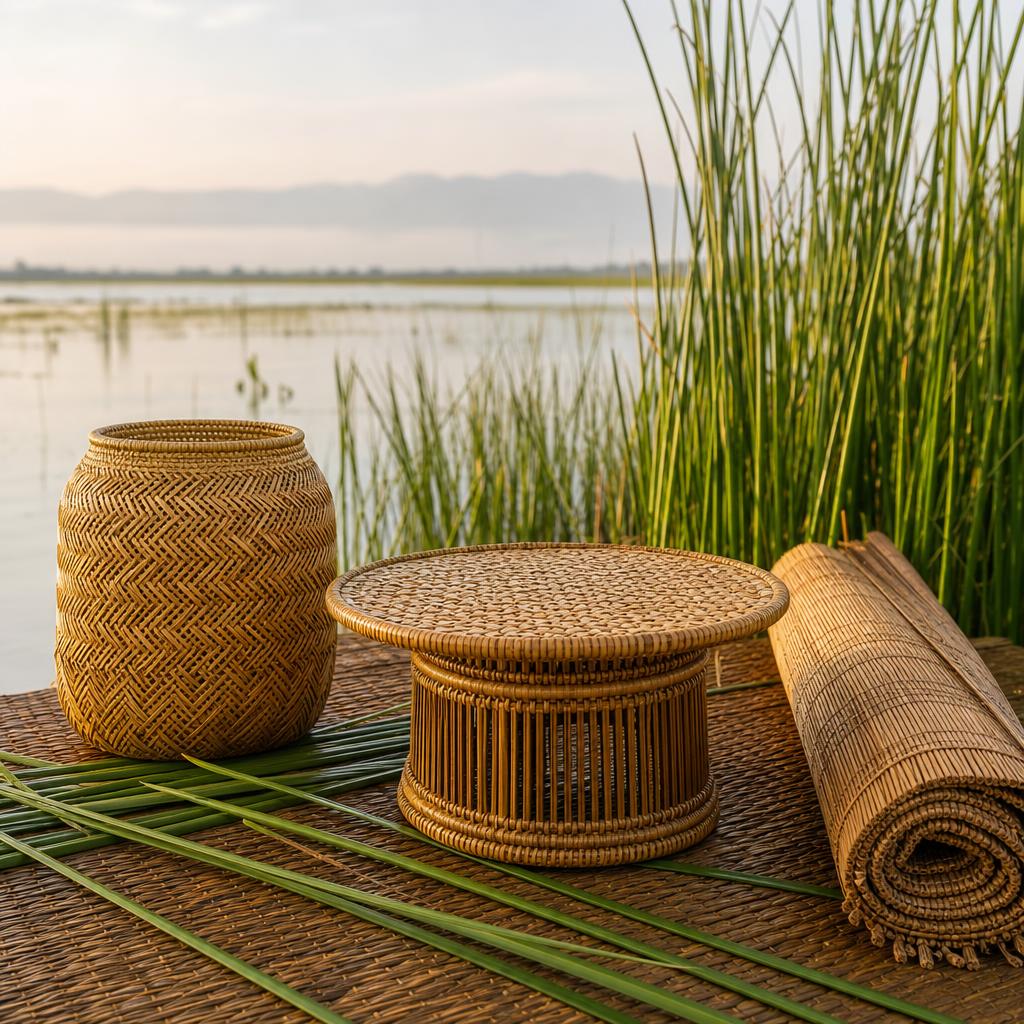 Original editorial illustration of Kouna reed baskets, furniture and a rolled mat beside a Manipur wetland