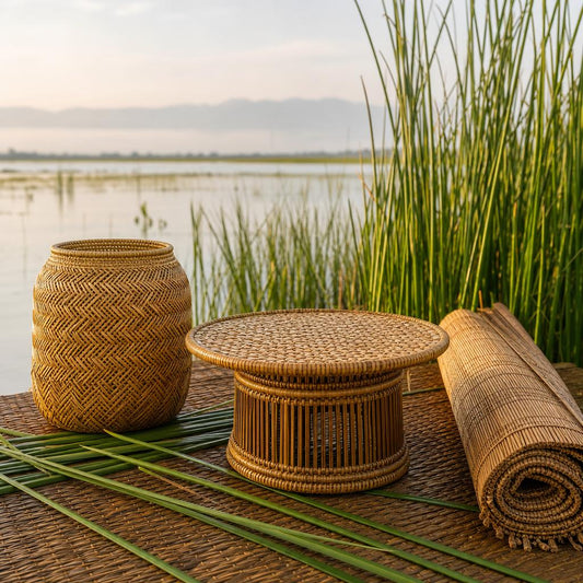 Original editorial illustration of Kouna reed baskets, furniture and a rolled mat beside a Manipur wetland
