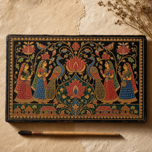 Original editorial illustration of a Tikuli-inspired painted panel from Bihar with lotus, peacock and village-life motifs