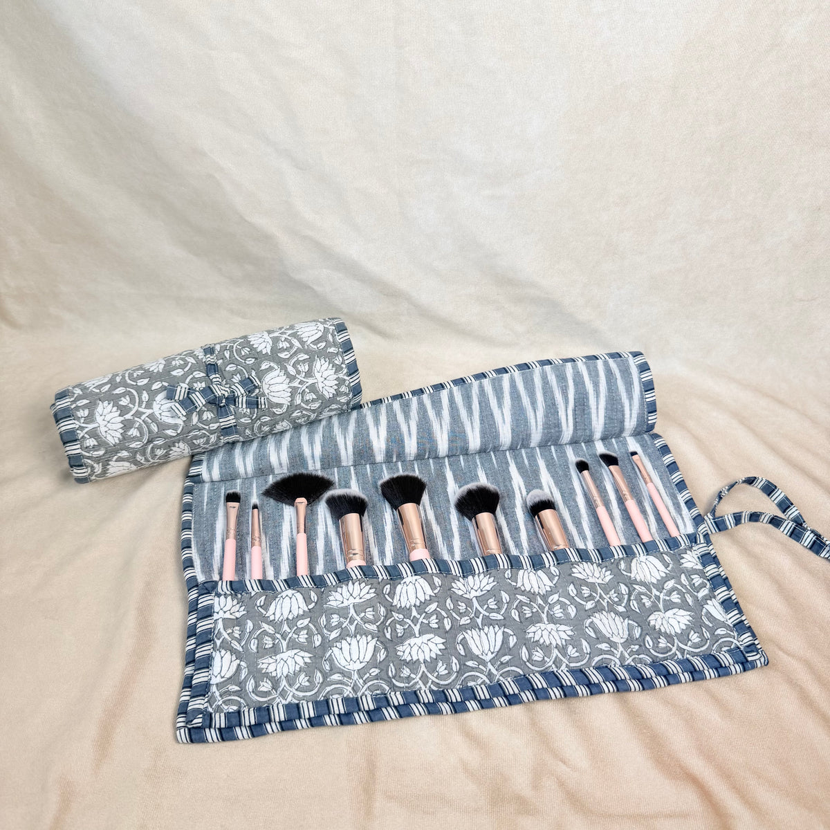 Hand Block Printed Quilted Cotton Makeup Brush Wrap - Urvi