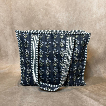 Hand Block Printed Quilted Cotton Mini Tote - Midnight Garden