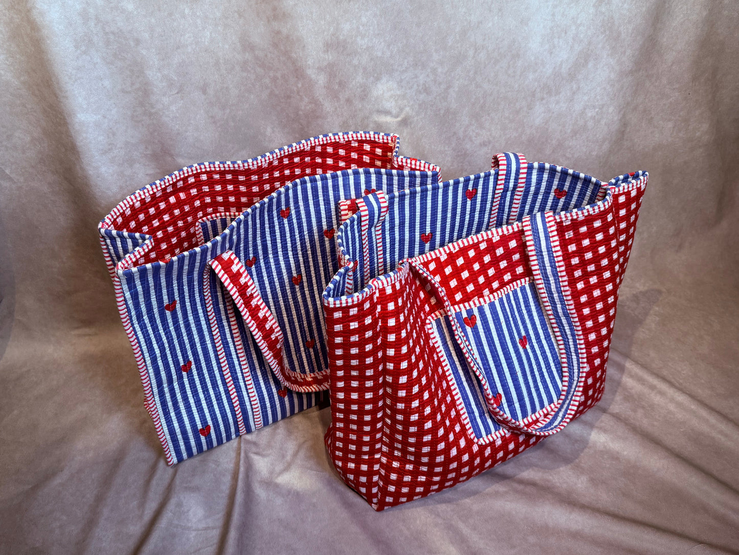 Quilted Cotton Reversible Tote - Blue and Red