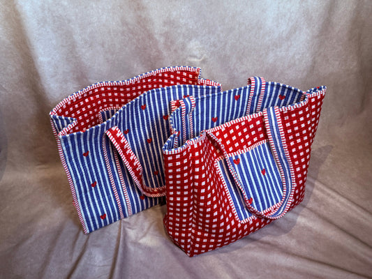 Quilted Cotton Reversible Tote - Blue and Red