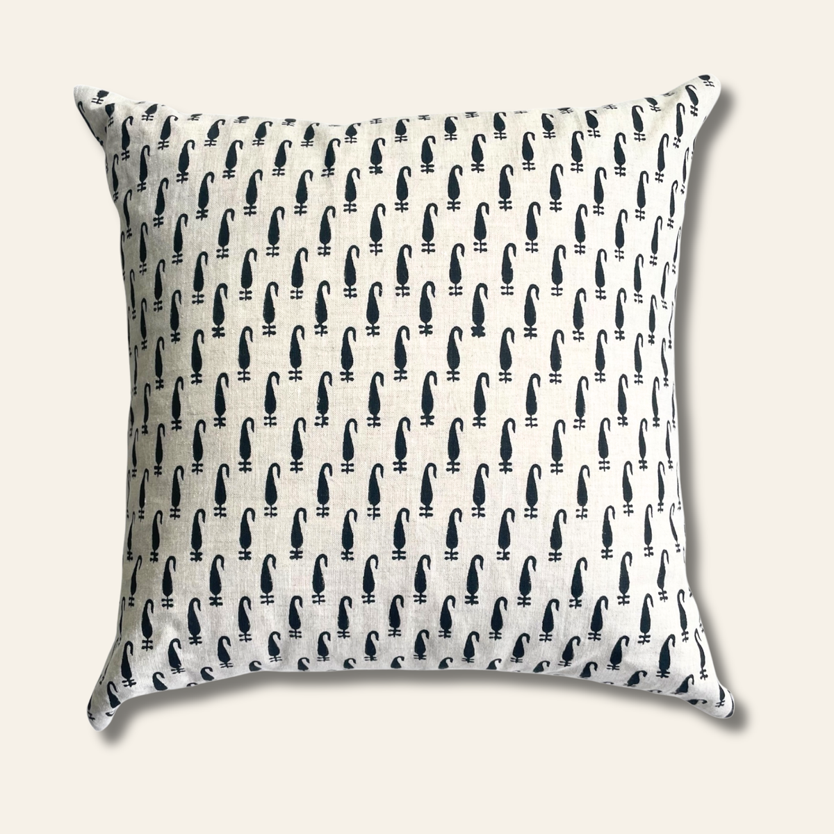 Natural linen pillow cover with a charcoal paisley block print