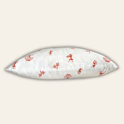 White linen throw pillow cover with terracotta Warli print