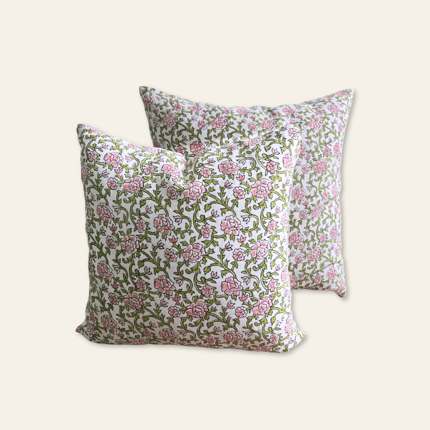 Floral hand block printed linen pillow cover in pink green