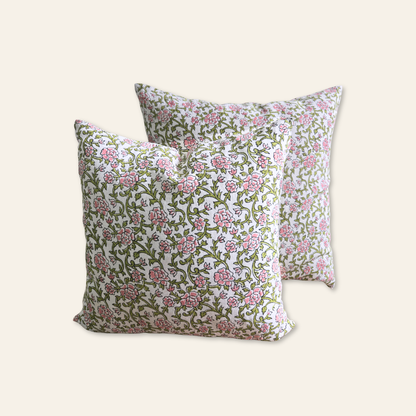 Floral hand block printed linen pillow cover in pink green
