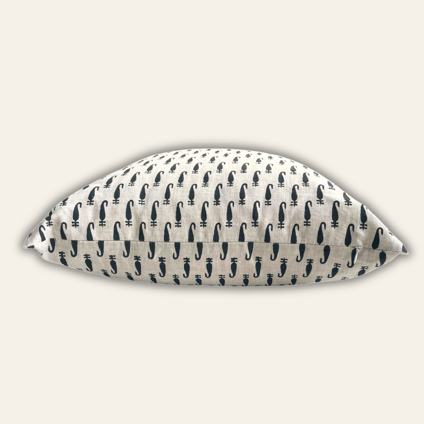 Natural linen pillow cover with a charcoal paisley block print