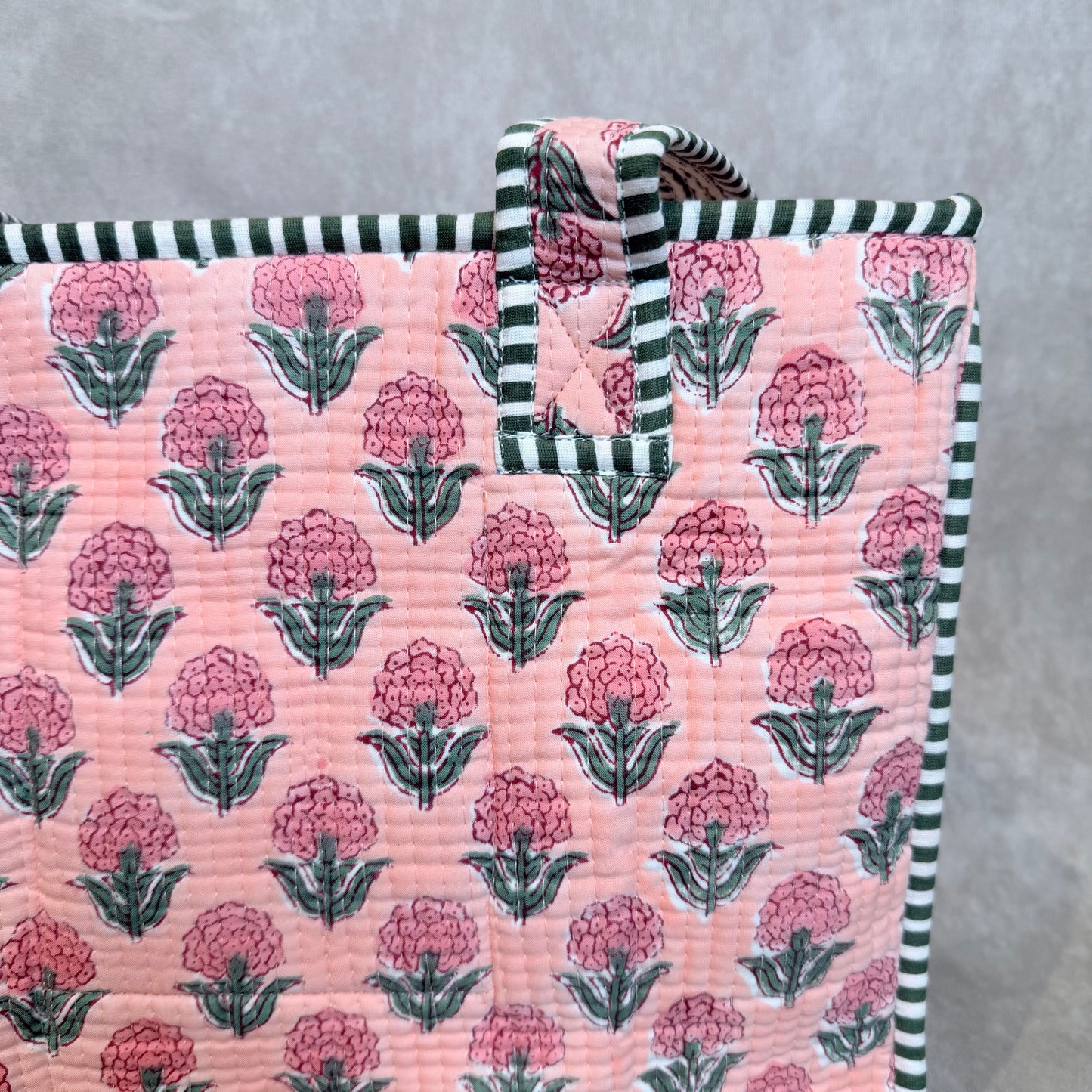 Hand Block Printed Quilted Cotton Mini Tote - Pink Bloom