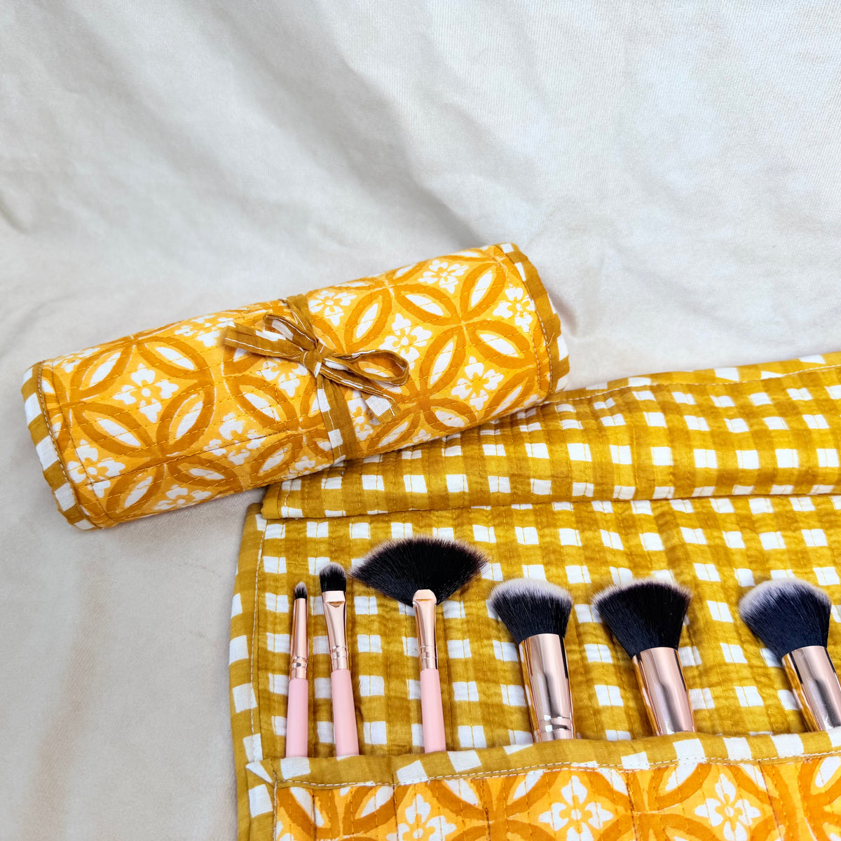 Hand Block Printed Quilted Cotton Makeup Brush Wrap - Kiran