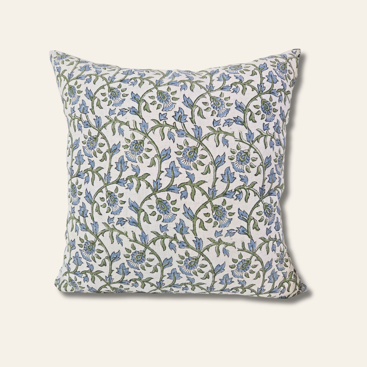 Hand block printed floral linen pillow cover in soft hues