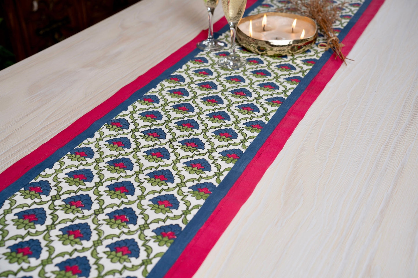 Khaab - Hand Block Printed Linen Table Runner (Blue, Green and Pink)