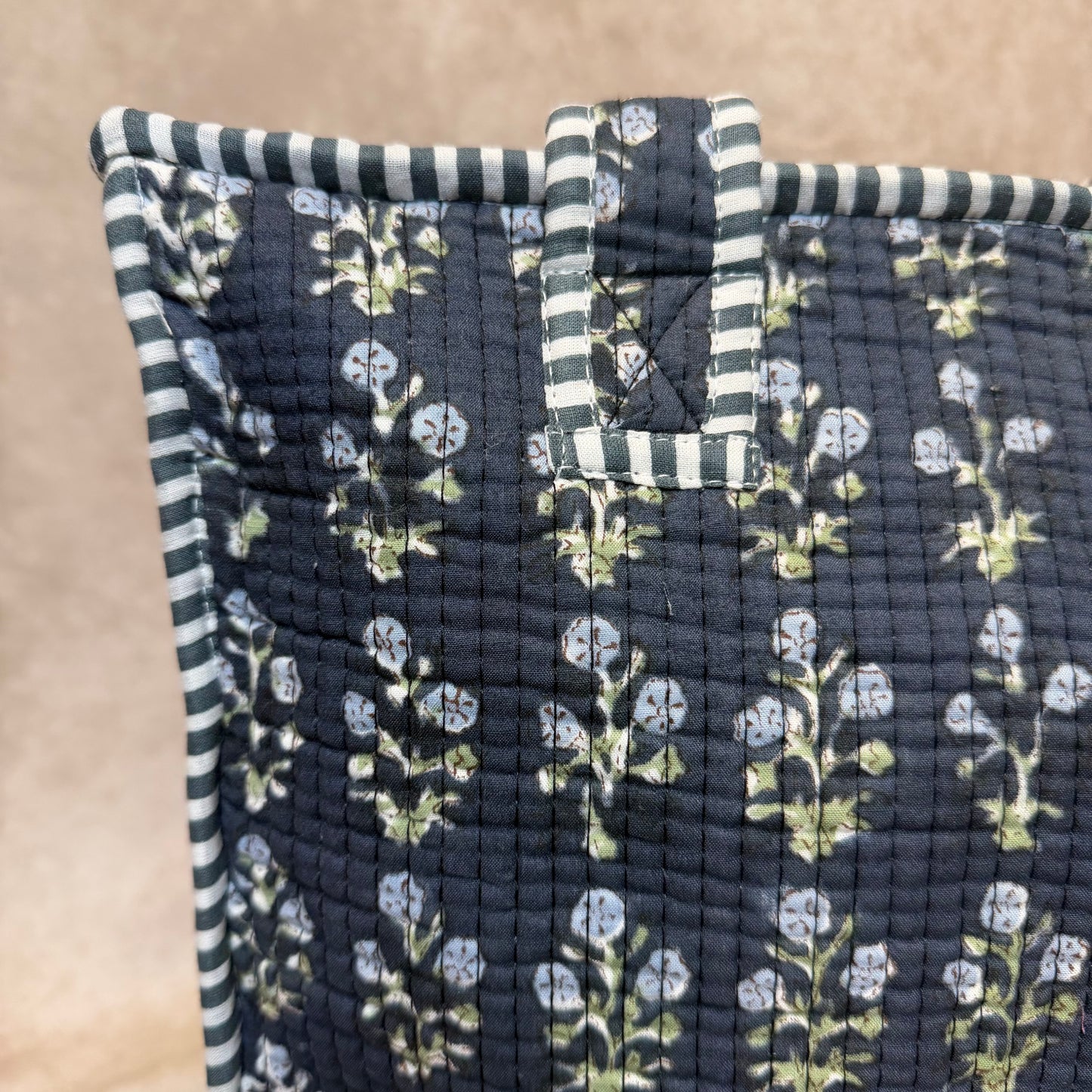 Hand Block Printed Quilted Cotton Mini Tote - Midnight Garden