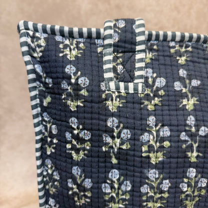 Hand Block Printed Quilted Cotton Mini Tote - Midnight Garden