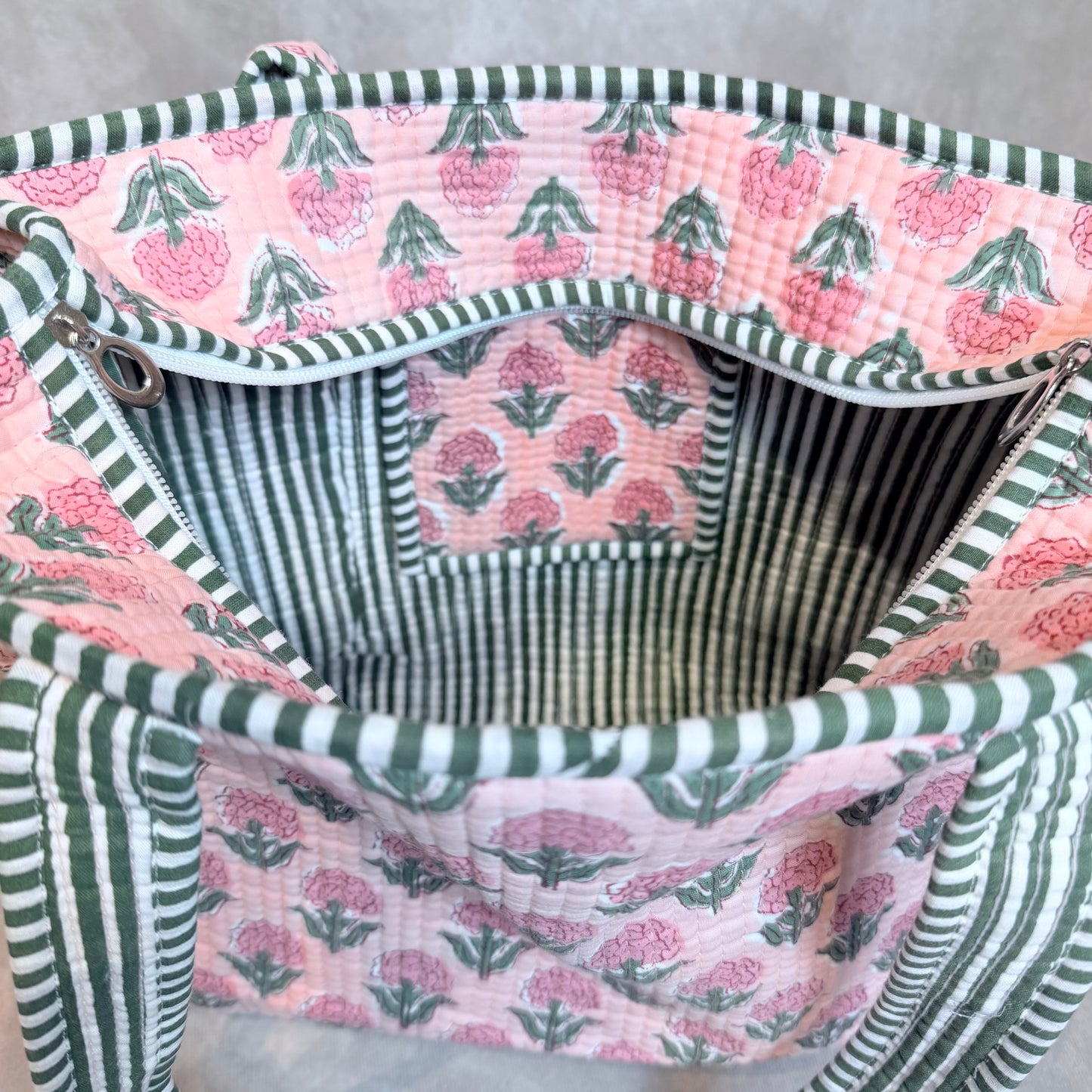 Hand Block Printed Quilted Cotton Mini Tote - Pink Bloom