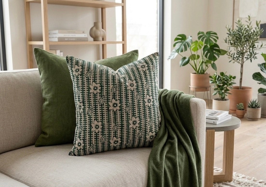 Bela - Hand Block Printed Linen Pillow Cover (Dark Green)