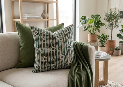 Bela - Hand Block Printed Linen Pillow Cover (Dark Green)