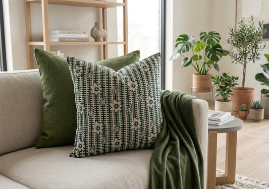 Bela - Hand Block Printed Linen Pillow Cover (Dark Green)