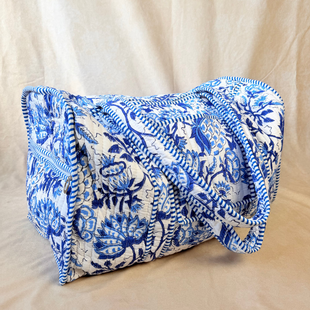 Detail view of Hand Block Printed Quilted Cotton Duffel Neelam