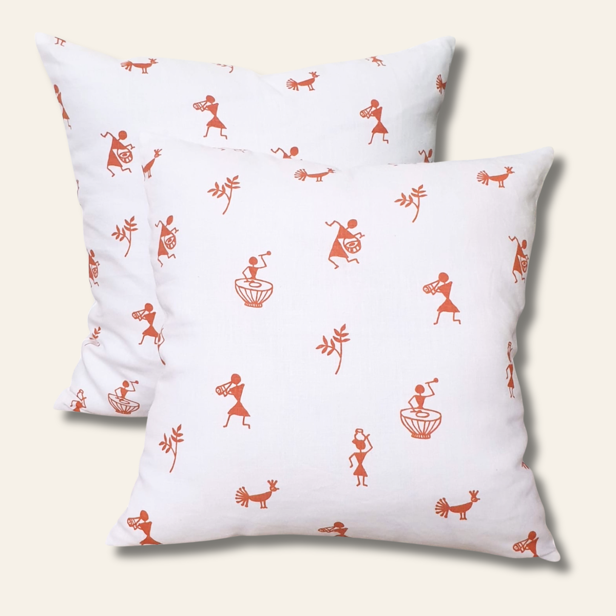 White linen throw pillow cover with terracotta Warli print