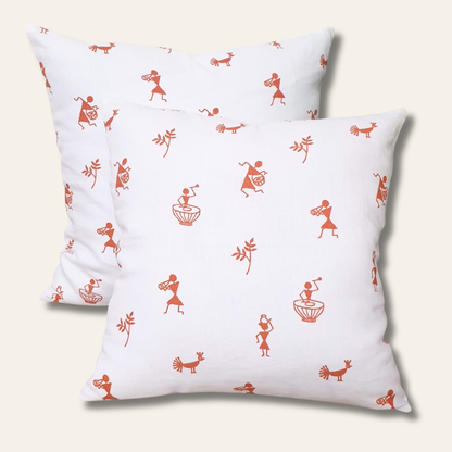 White linen throw pillow cover with terracotta Warli print