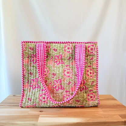 Hand Block Printed Quilted Cotton Mini Tote - Komal