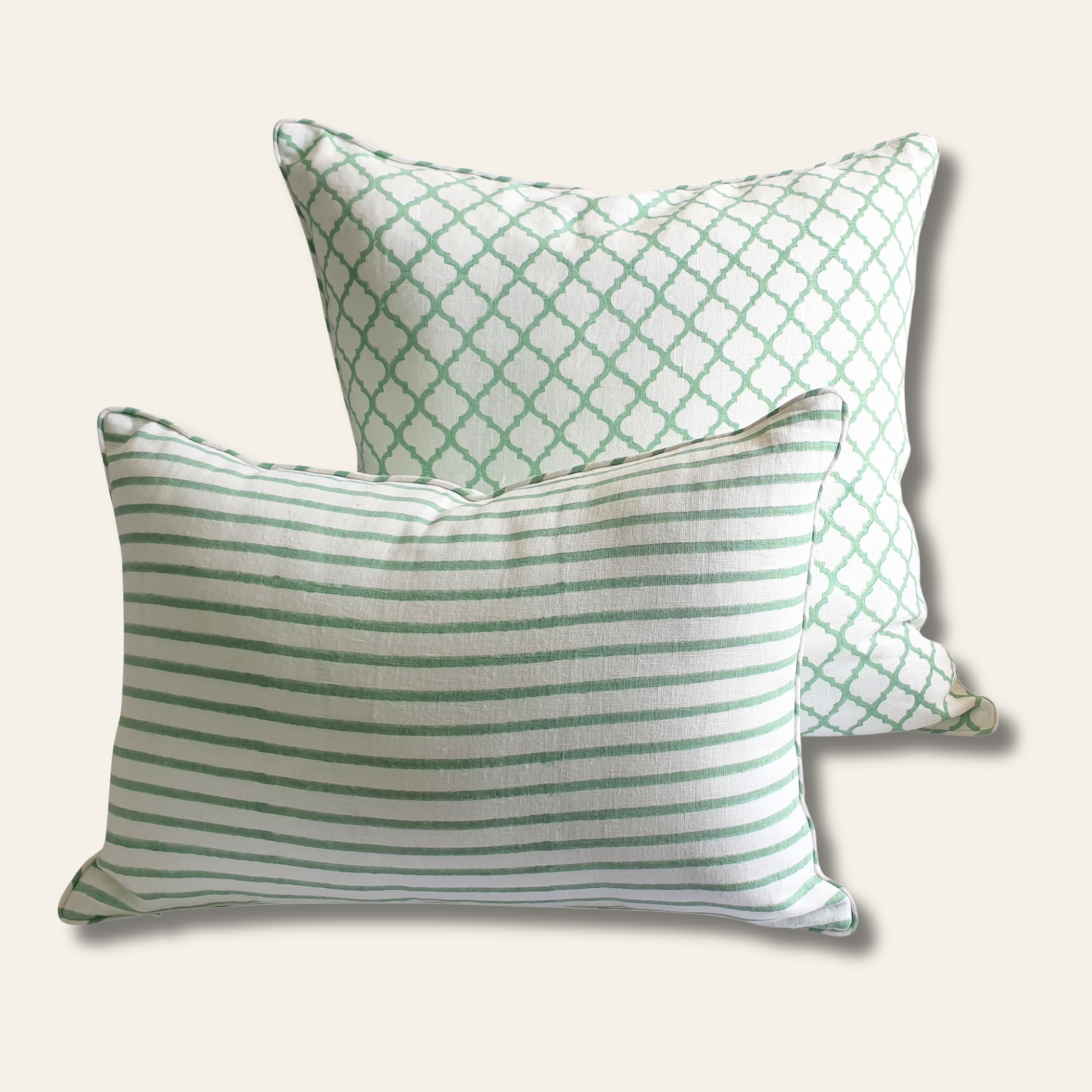 Linen pillow cover featuring a jade green lattice block print