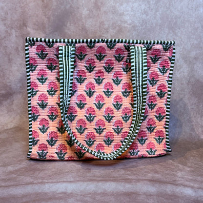 Hand Block Printed Quilted Cotton Mini Tote - Pink Bloom