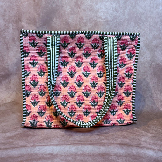 Hand Block Printed Quilted Cotton Mini Tote - Pink Bloom