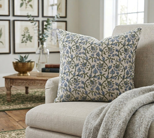 Rupam - Hand Block Printed Linen Pillow Cover (Blue, Green)