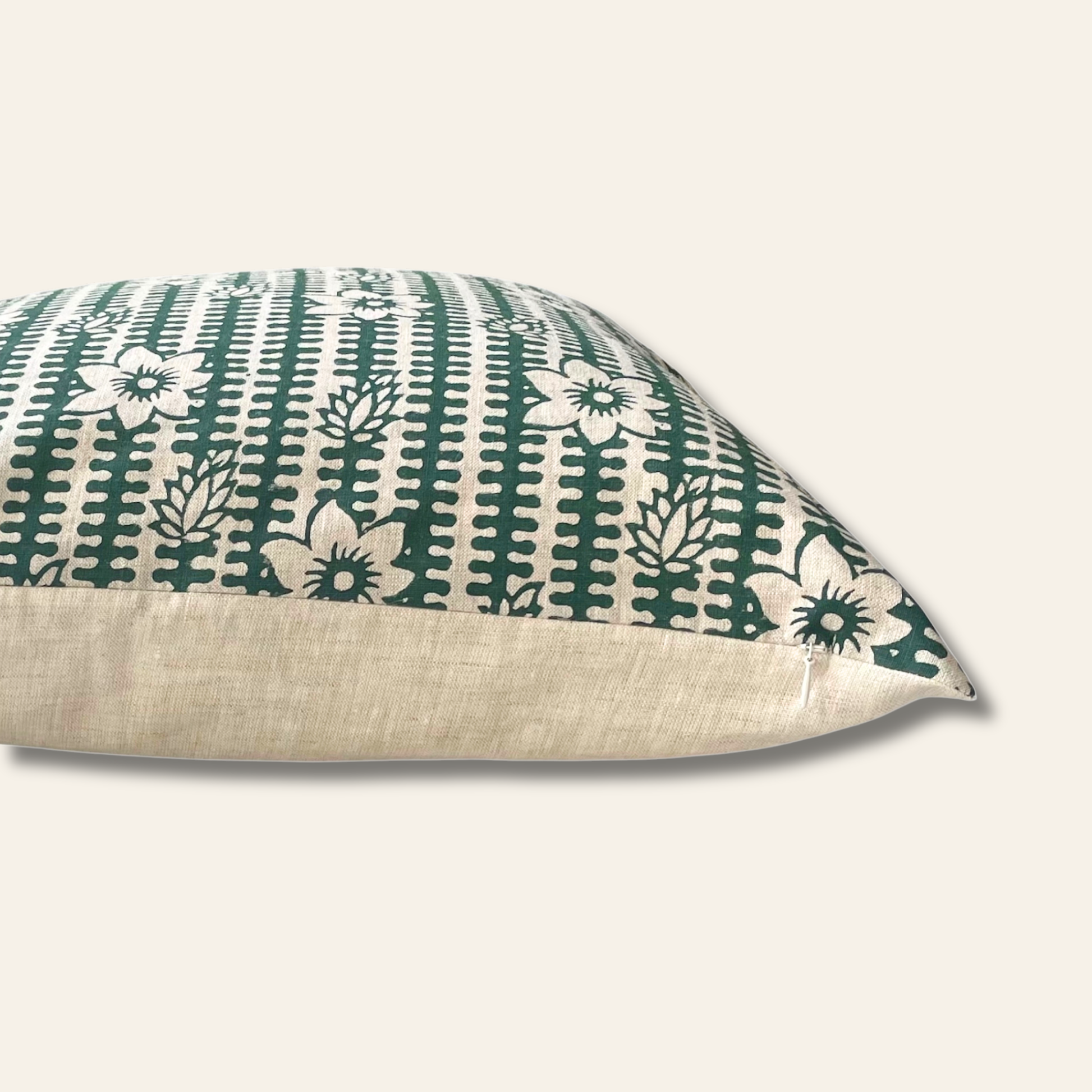 Natural linen pillow cover with green jasmine floral block print