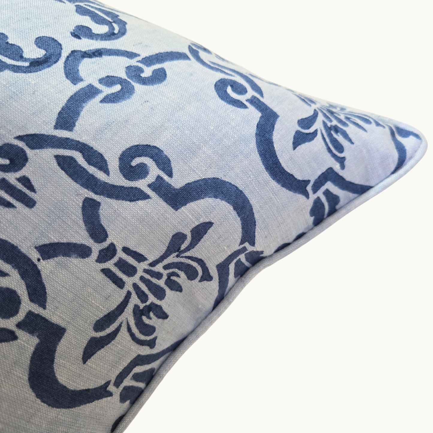 Indigo and sky blue floral hand block printed linen cover